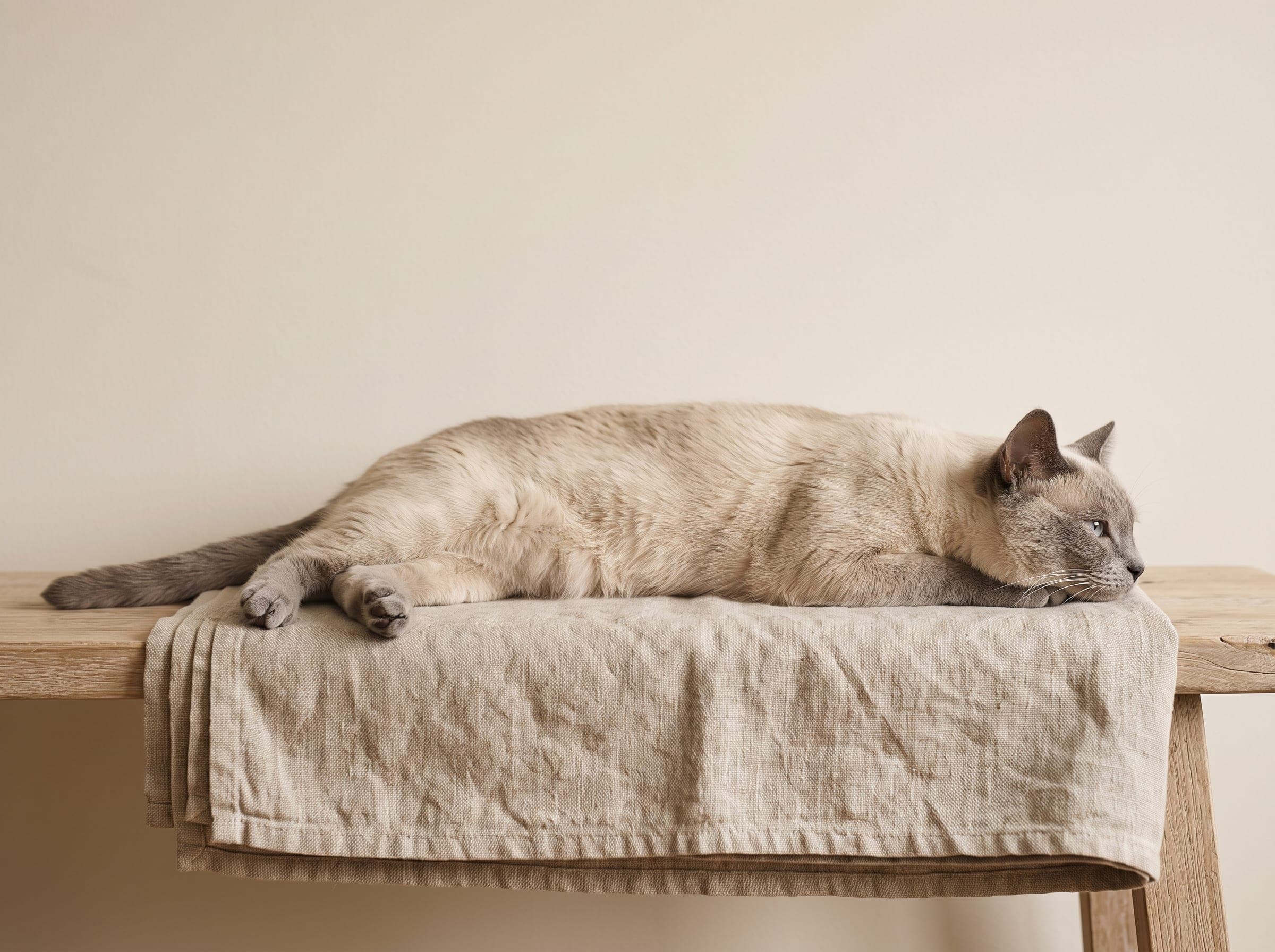 Chat crème allongé sur un banc en bois couvert d’un plaid de lin, dans un intérieur clair