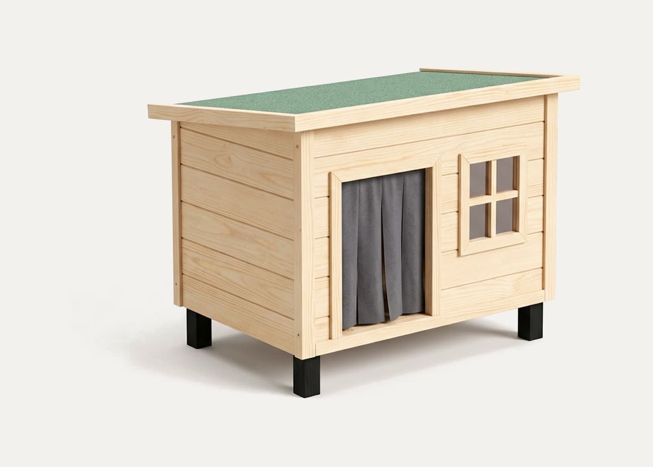 Niche en bois pour chat d’extérieur, toit bitumé vert, porte à rideau et fenêtre, surélevée sur pieds, vue de trois quarts sur fond ivoire