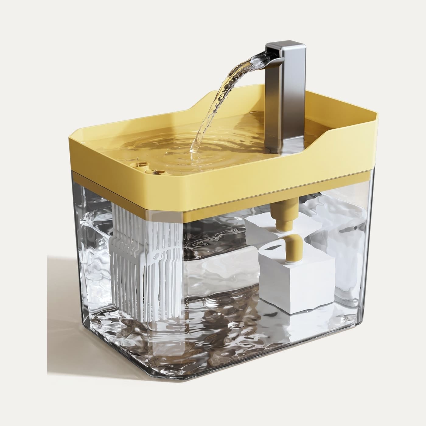 Fontaine à eau design pour chat, vu de trois quarts sur fond clair