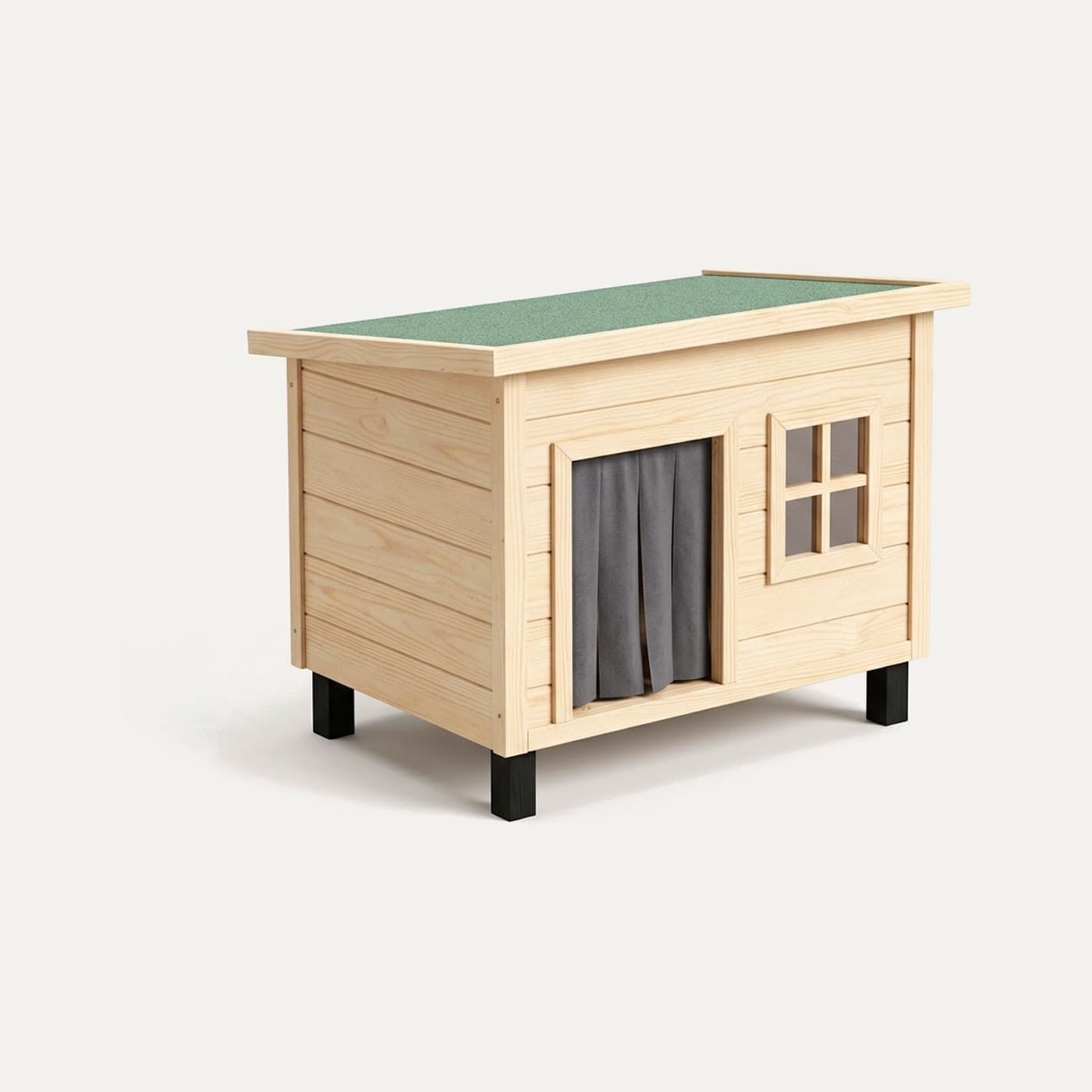 Niche en bois pour chat d'extérieur, vu de trois quarts sur fond clair